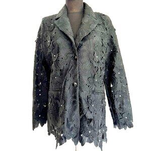 NWT Berek Floral Lace Jacket Peek-A-Boo 3D Button Front Jacket w/ Rhinestone